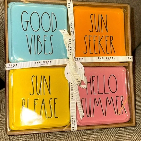 NWT HTF Rae Dunn Ceramic 4 Piece Boxed Bright Coasters Good Vibes Sun Seeker - Picture 1 of 7